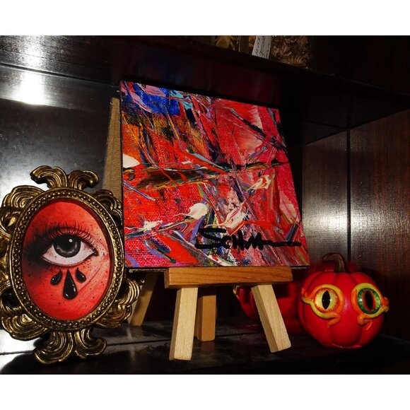 Two Hand Painted Abstract Art Painting w/ Mini Easel 4" by 4" - Picture 7 of 11